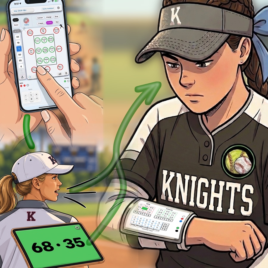 Comic strip: coach calling a pitch on PitchMark and the pitcher checking her wristband
