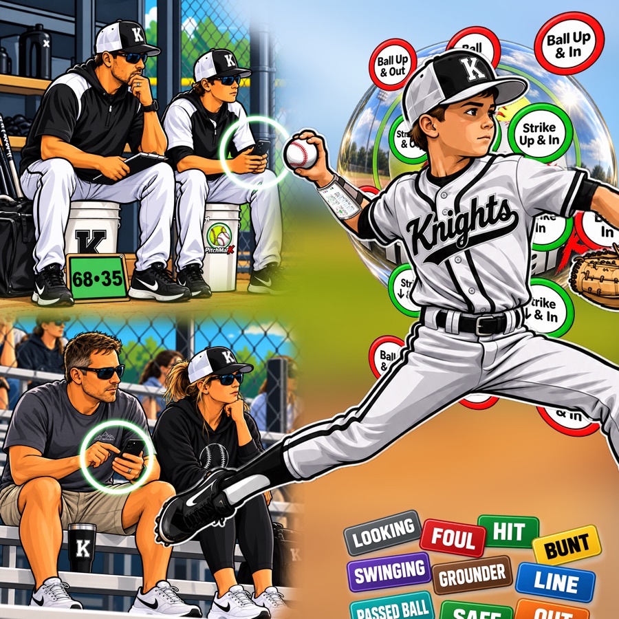 Comic strip: coaches and parents in the dugout and stands tracking the game on PitchMark while the pitcher delivers a called pitch