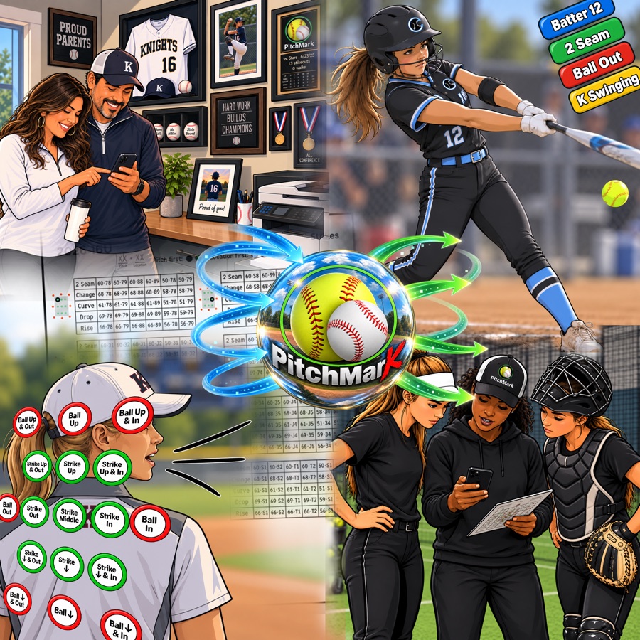 Comic strip: PitchMark syncing pitch data between coaches, players, and the pitcher's career record